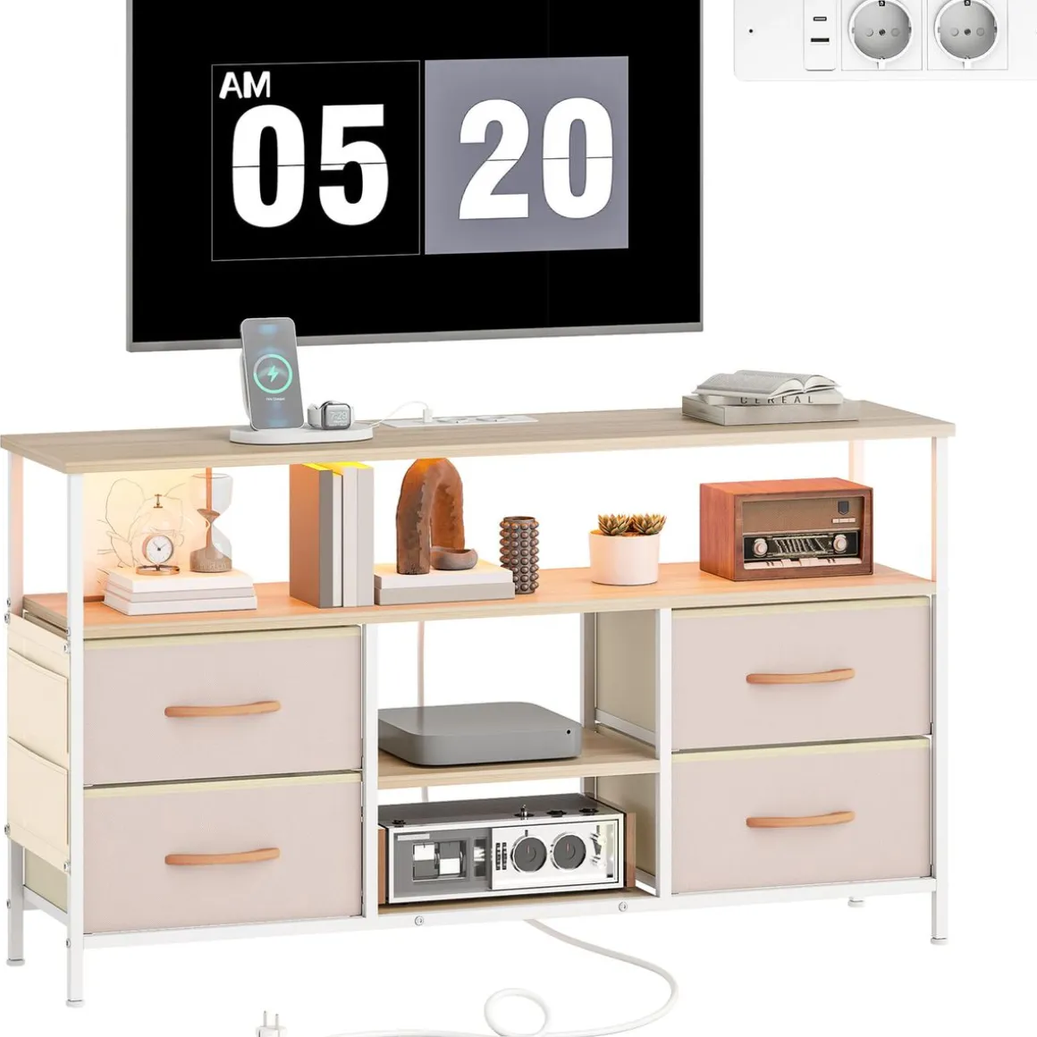 Mueble de TV Olvian Homcom 4 cajones con luz LED y puertos USB beige/blanco 67,5x120x30 cm