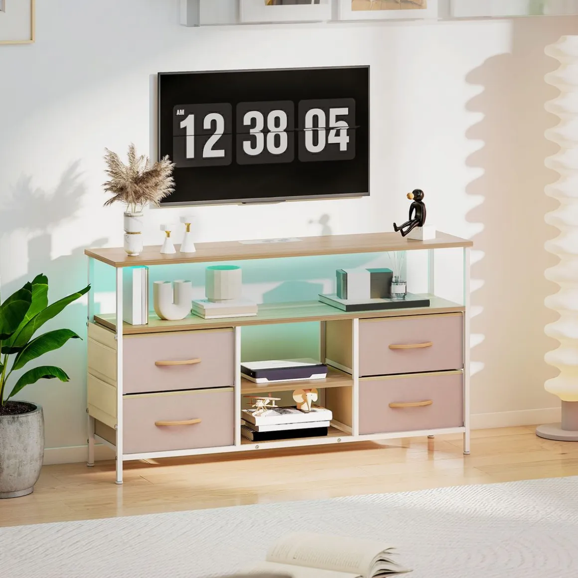 Mueble de TV Olvian Homcom 4 cajones con luz LED y puertos USB beige/blanco 67,5x120x30 cm