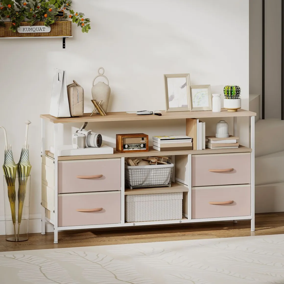 Mueble de TV Olvian Homcom 4 cajones con luz LED y puertos USB beige/blanco 67,5x120x30 cm