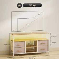 Mueble de TV Olvian Homcom 4 cajones con luz LED y puertos USB beige/blanco 67,5x120x30 cm