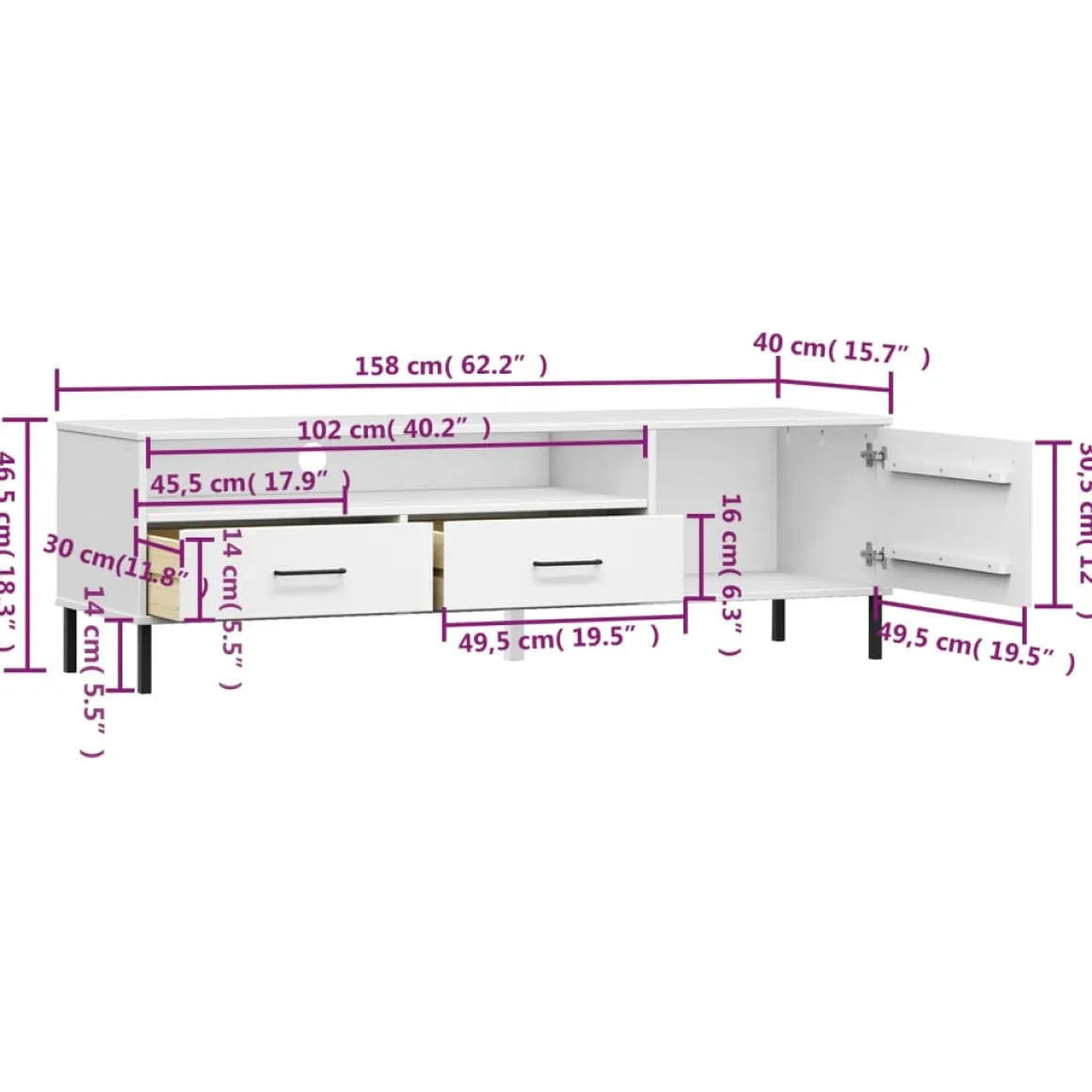 Mueble de TV Oslo 2 cajones + armario + compartimento madera de pino 46,5x158x40 cm