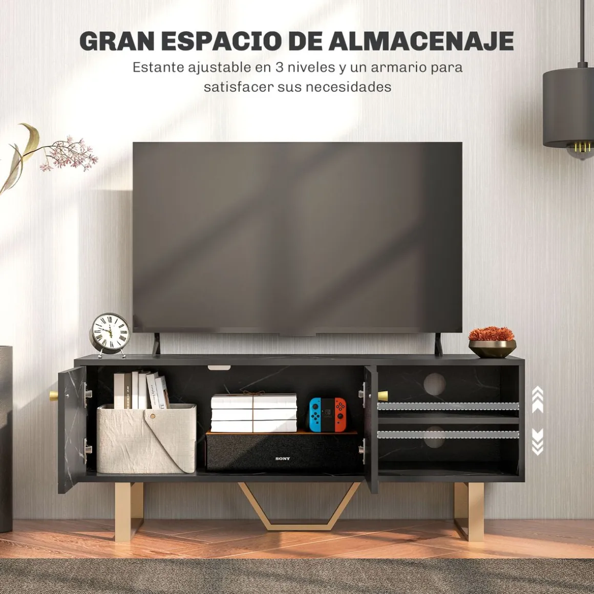 Mueble de TV Pangio Homcom 2 puertas + 2 compartimentos negro 45x110x35 cm