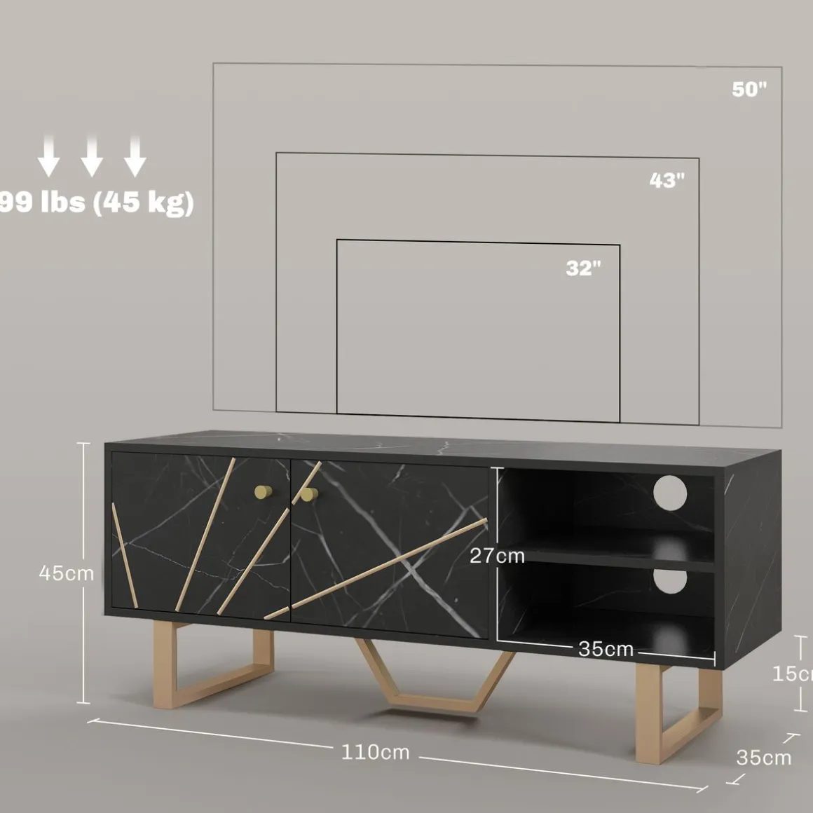Mueble de TV Pangio Homcom 2 puertas + 2 compartimentos negro 45x110x35 cm