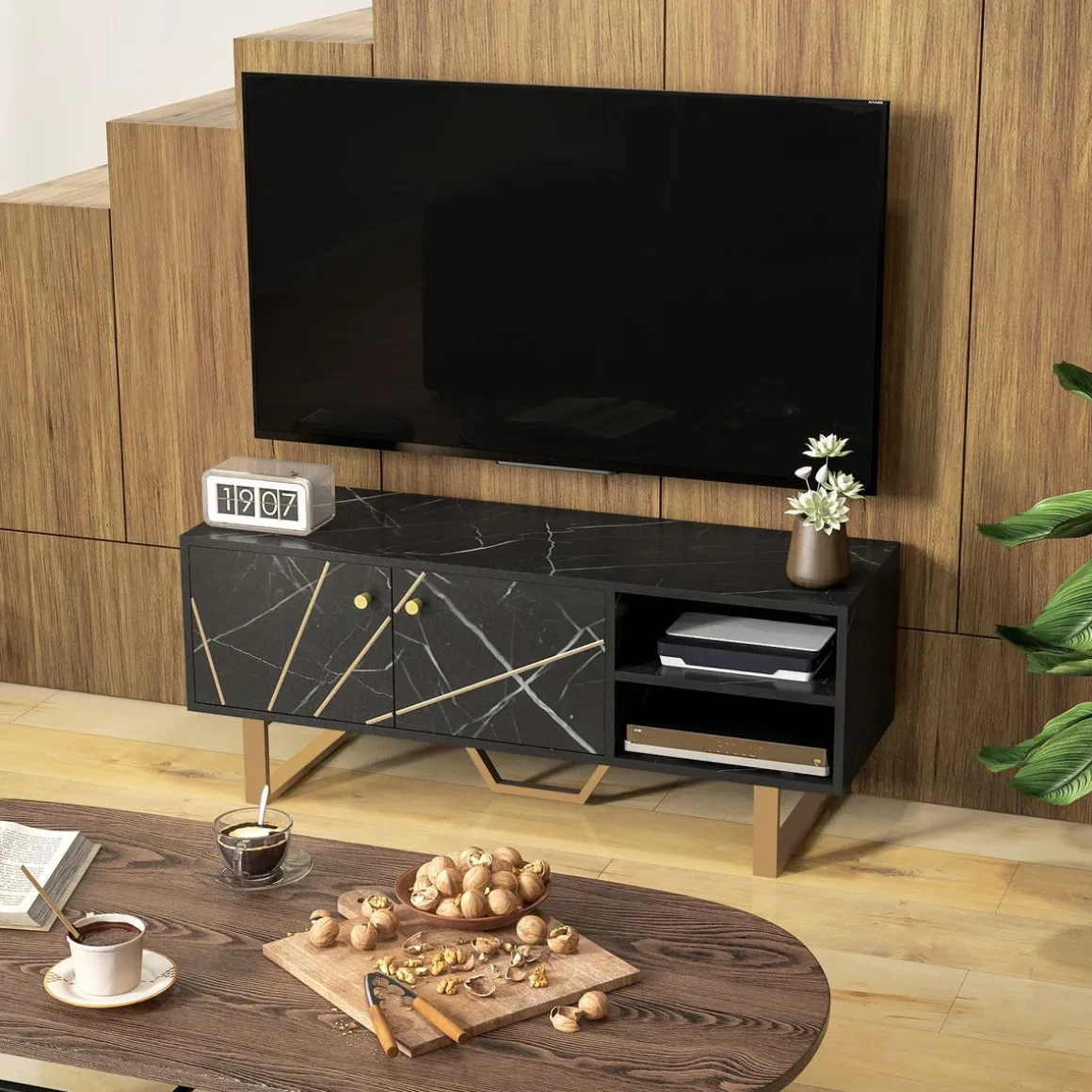 Mueble de TV Pangio Homcom 2 puertas + 2 compartimentos negro 45x110x35 cm