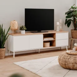 Mueble de TV Pirineos 2 puertas + 2 cajones + 2 compartimentos blanco/natural 59x186x36 cm