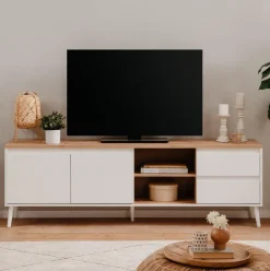 Mueble de TV Pirineos 2 puertas + 2 cajones + 2 compartimentos blanco/natural 59x186x36 cm