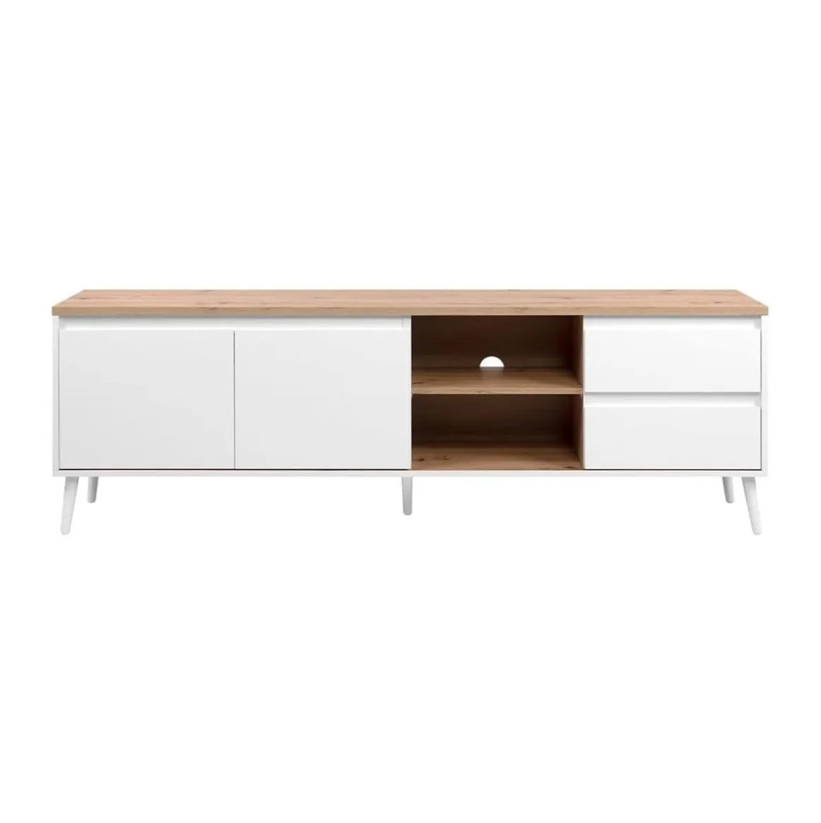 Mueble de TV Pirineos 2 puertas + 2 cajones + 2 compartimentos blanco/natural 59x186x36 cm