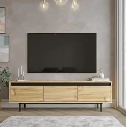 Mueble de TV Plateau 3 puertas abatibles natural/negro 45x160x35 cm