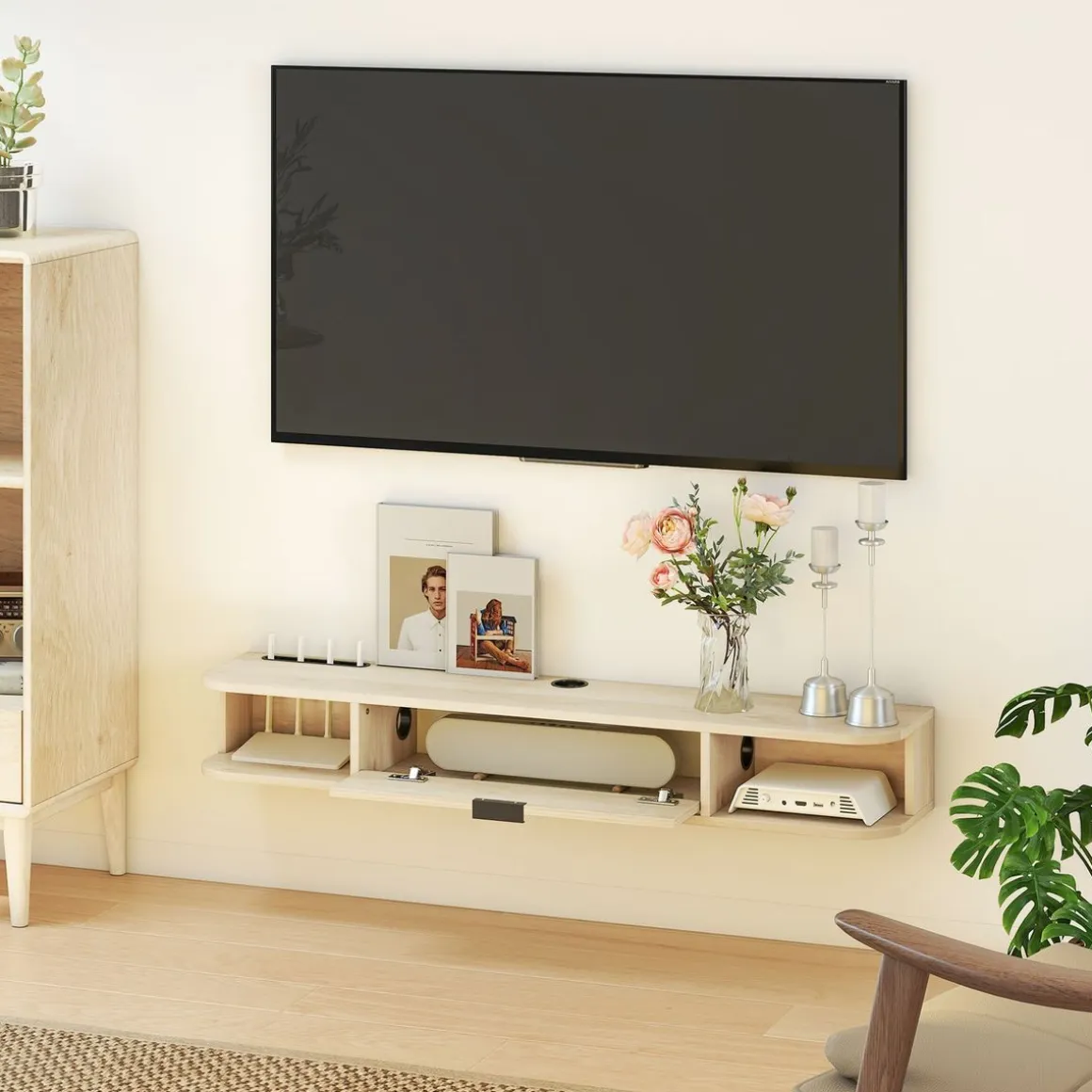 Mueble de TV Rocaya Homcom con puerta 2 compartimentos natural 16x120x24 cm