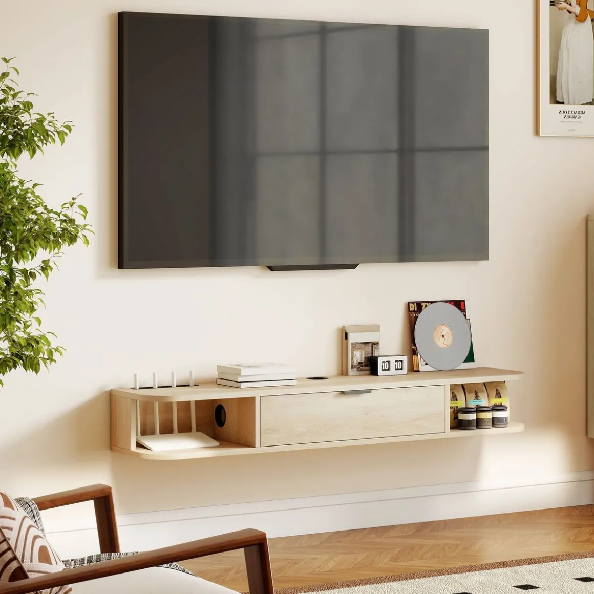 Mueble de TV Rocaya Homcom con puerta 2 compartimentos natural 16x120x24 cm