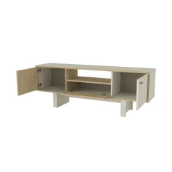 Mueble de TV Selinos 3 puertas y compartimento abierto blanco/natural 54x150x35 cm