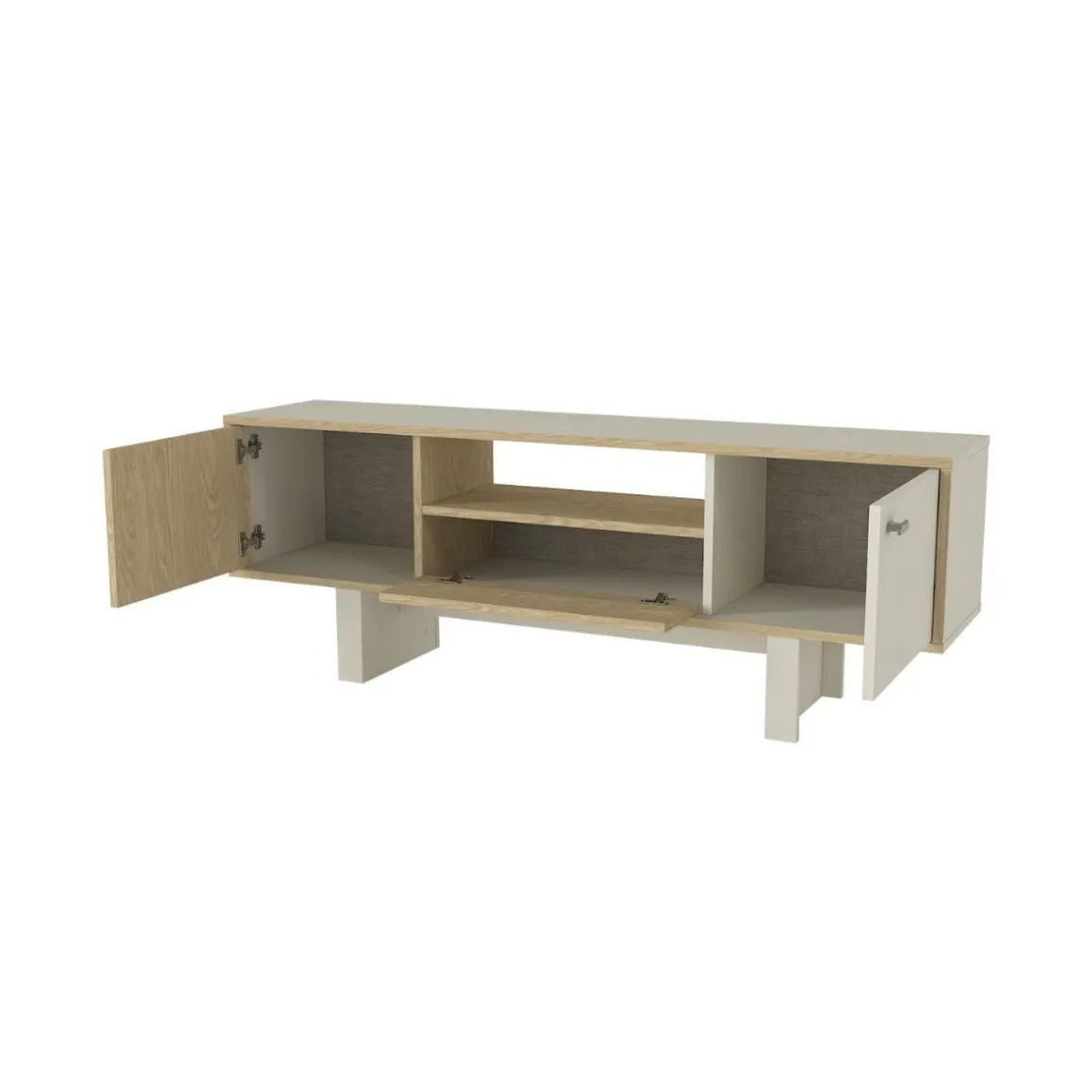 Mueble de TV Selinos 3 puertas y compartimento abierto blanco/natural 54x150x35 cm