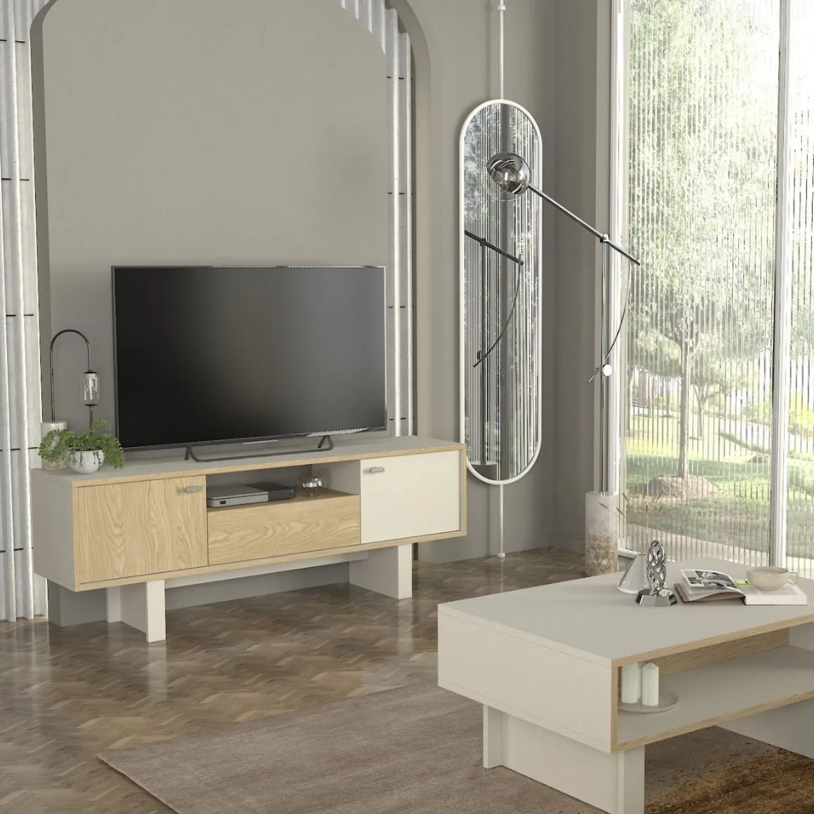 Mueble de TV Selinos 3 puertas y compartimento abierto blanco/natural 54x150x35 cm