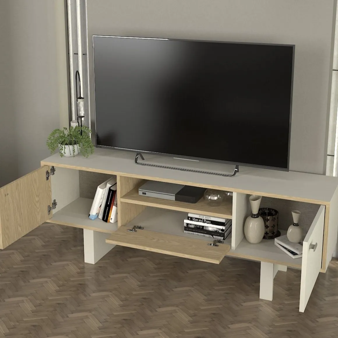 Mueble de TV Selinos 3 puertas y compartimento abierto blanco/natural 54x150x35 cm