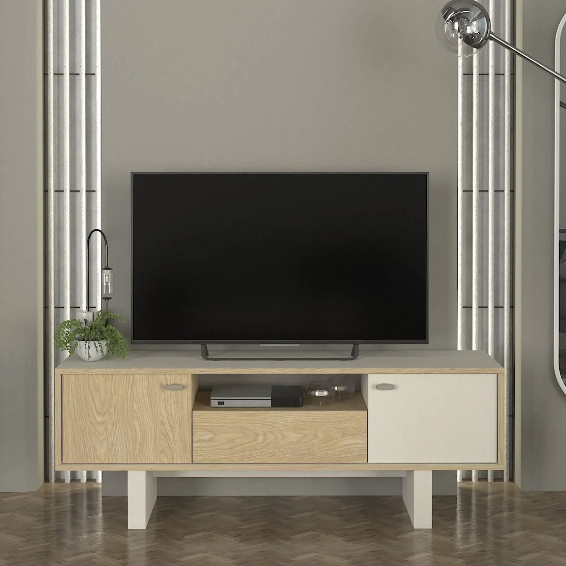Mueble de TV Selinos 3 puertas y compartimento abierto blanco/natural 54x150x35 cm