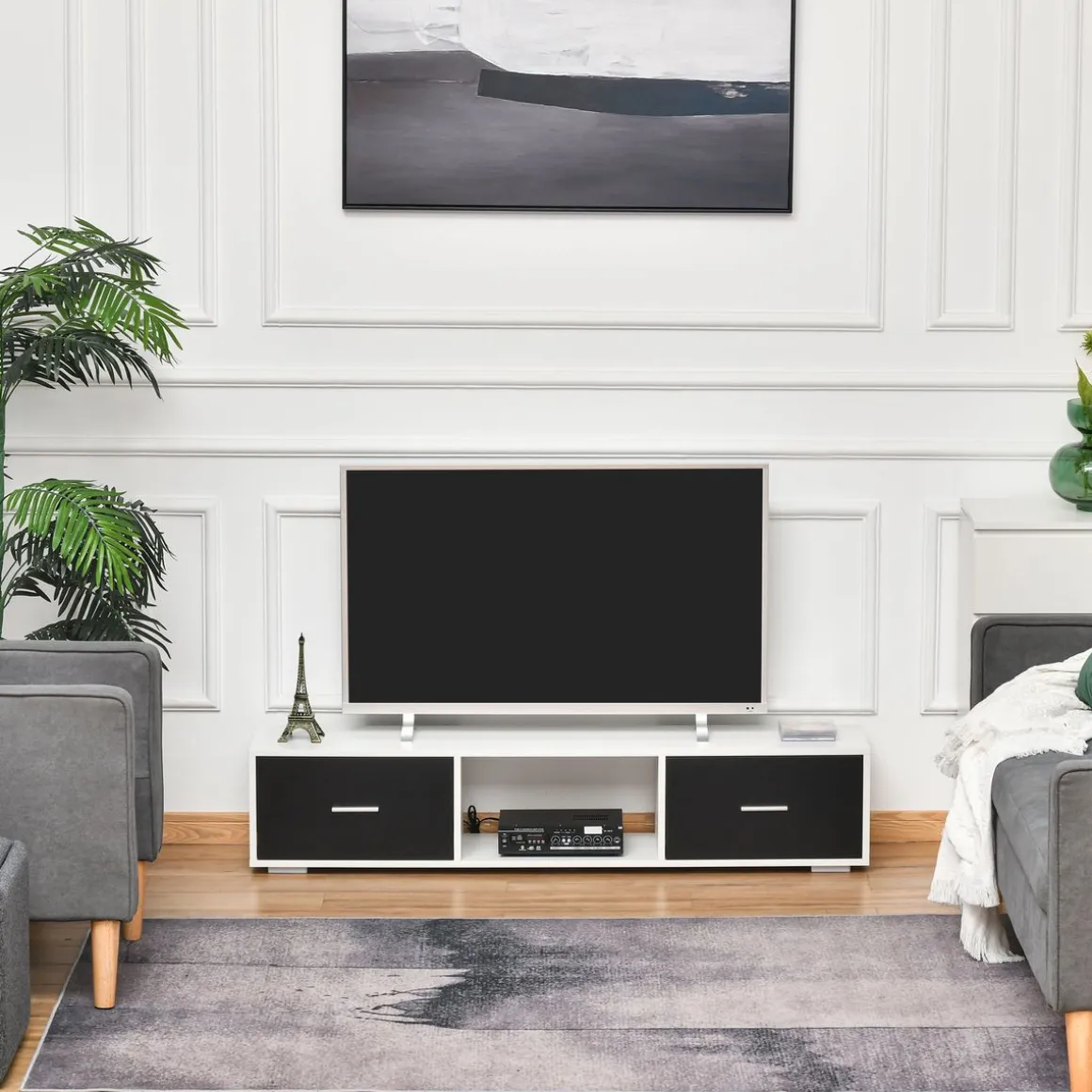 Mueble de TV Shimo Homcom 2 cajones + compartimento abierto blanco/negro 32x140x30 cm