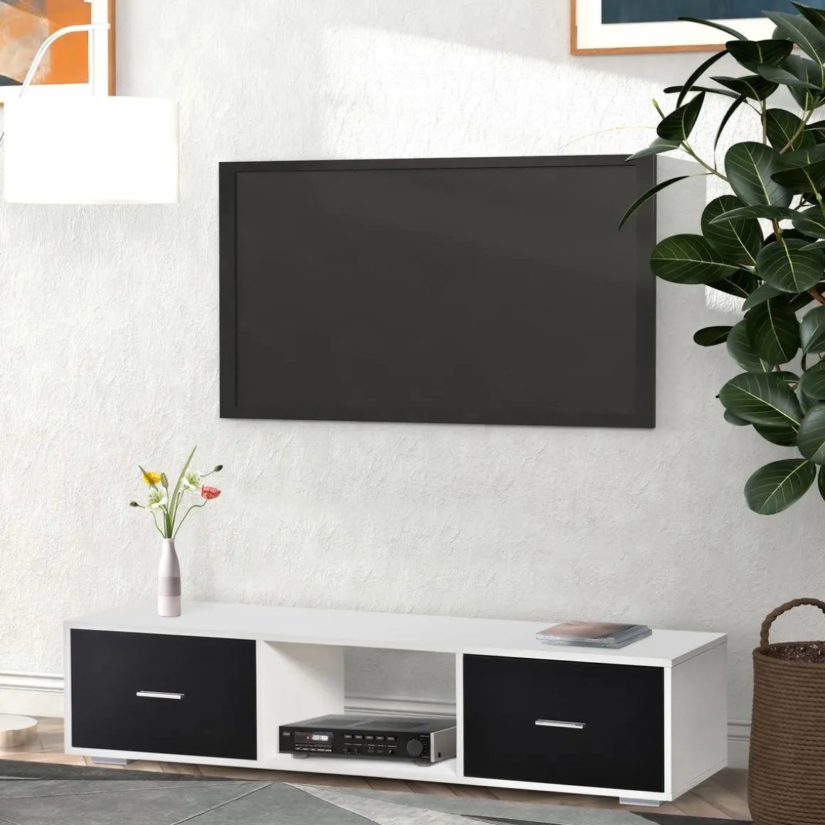 Mueble de TV Shimo Homcom 2 cajones + compartimento abierto blanco/negro 32x140x30 cm