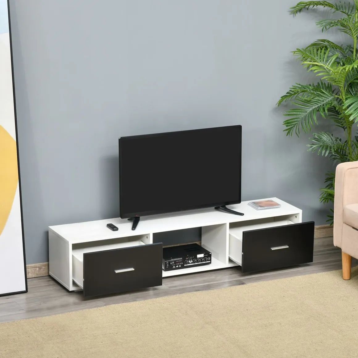 Mueble de TV Shimo Homcom 2 cajones + compartimento abierto blanco/negro 32x140x30 cm