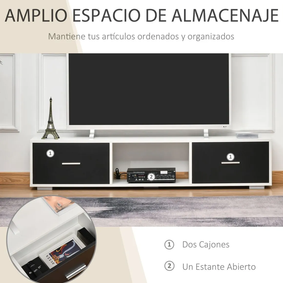 Mueble de TV Shimo Homcom 2 cajones + compartimento abierto blanco/negro 32x140x30 cm