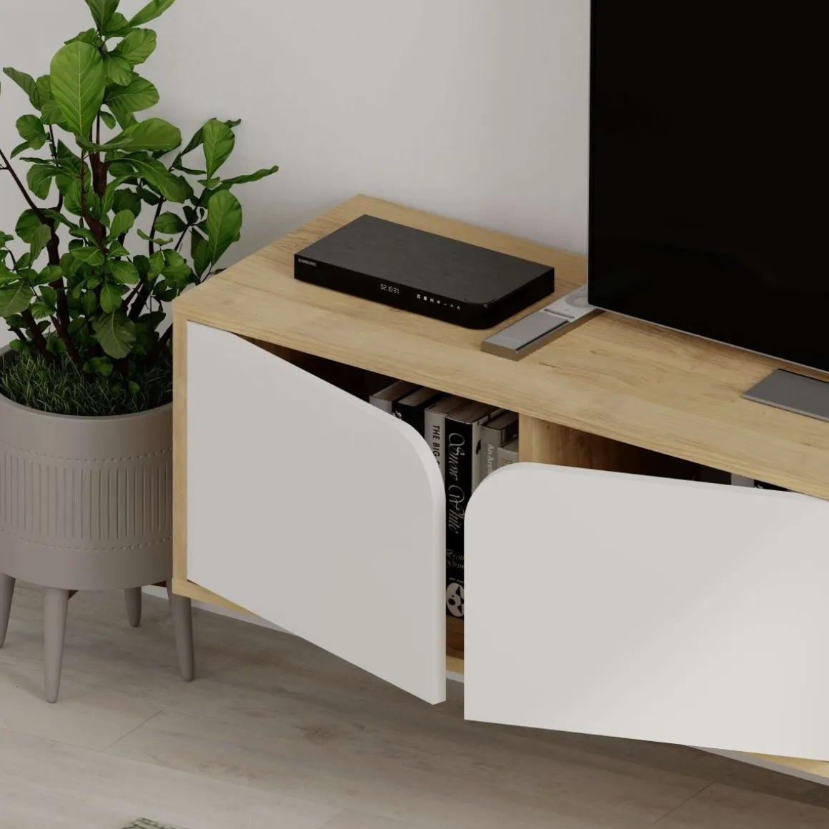 Mueble de TV Spark 4 compartimentos esquinas redondas blanco/natural 35x180x35 cm
