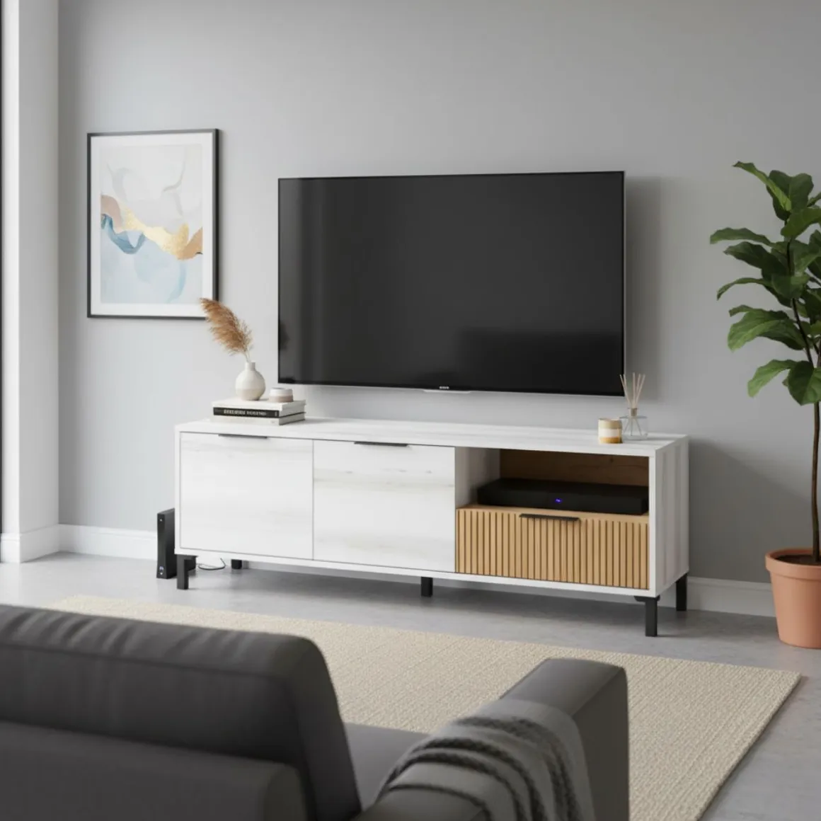 Mueble de TV Tokio 2 puertas con cajón y compartimento albo/rayado 46,5x136,3x40 cm