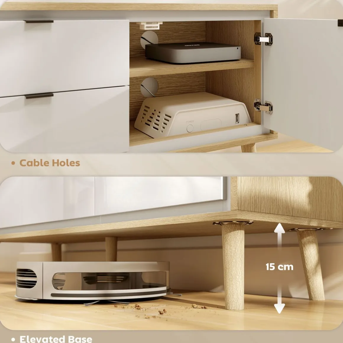 Mueble de TV Vivo Homcom 2 puertas con 2 cajones blanco/natural 50x120x35 cm