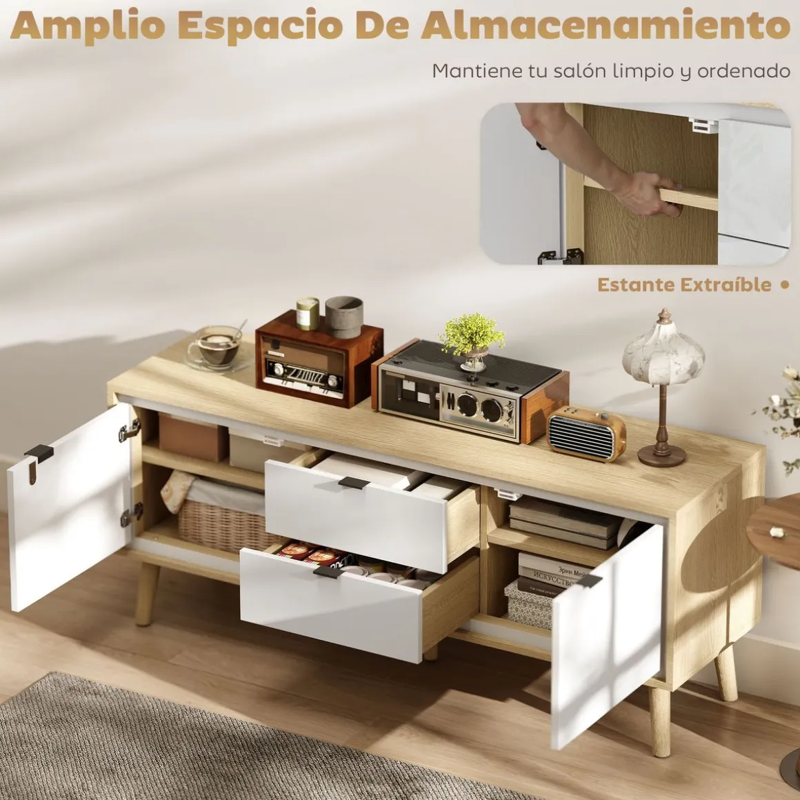Mueble de TV Vivo Homcom 2 puertas con 2 cajones blanco/natural 50x120x35 cm