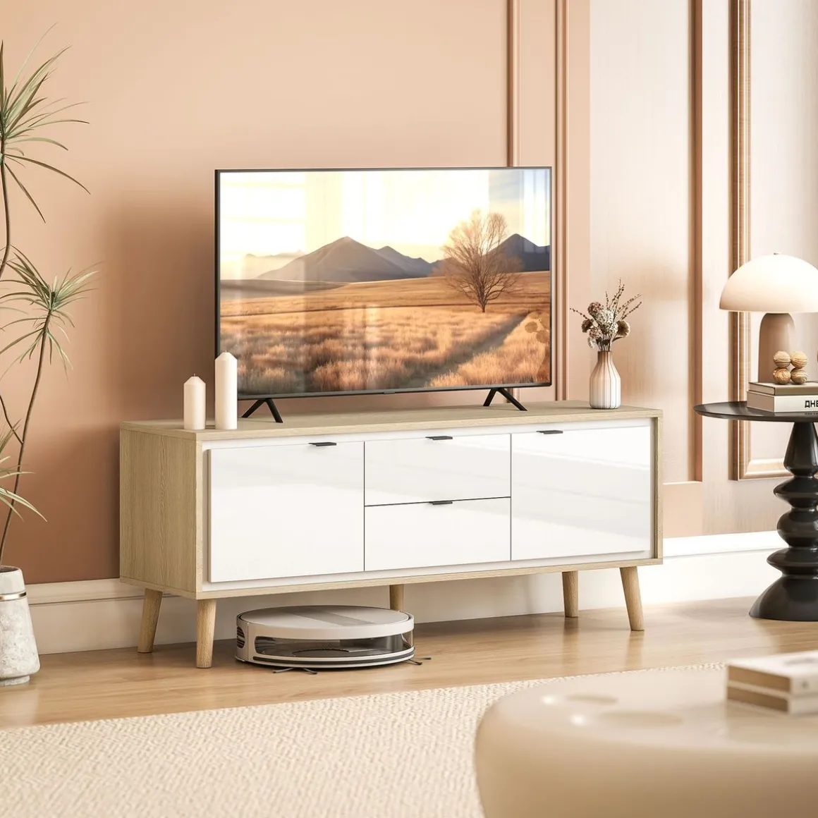 Mueble de TV Vivo Homcom 2 puertas con 2 cajones blanco/natural 50x120x35 cm