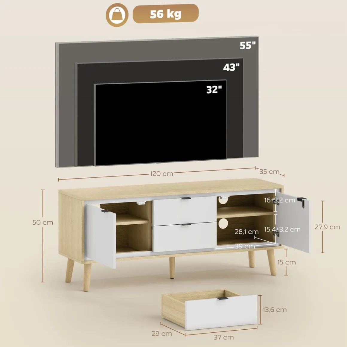 Mueble de TV Vivo Homcom 2 puertas con 2 cajones blanco/natural 50x120x35 cm
