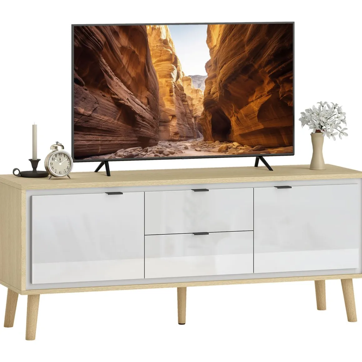 Mueble de TV Vivo Homcom 2 puertas con 2 cajones blanco/natural 50x120x35 cm