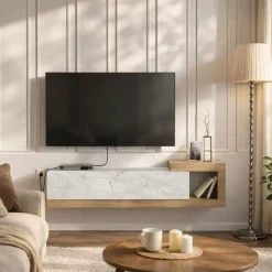 Mueble de TV Volare con puerta abatible efecto mármol gris/natural 38,6x150x29,6 cm