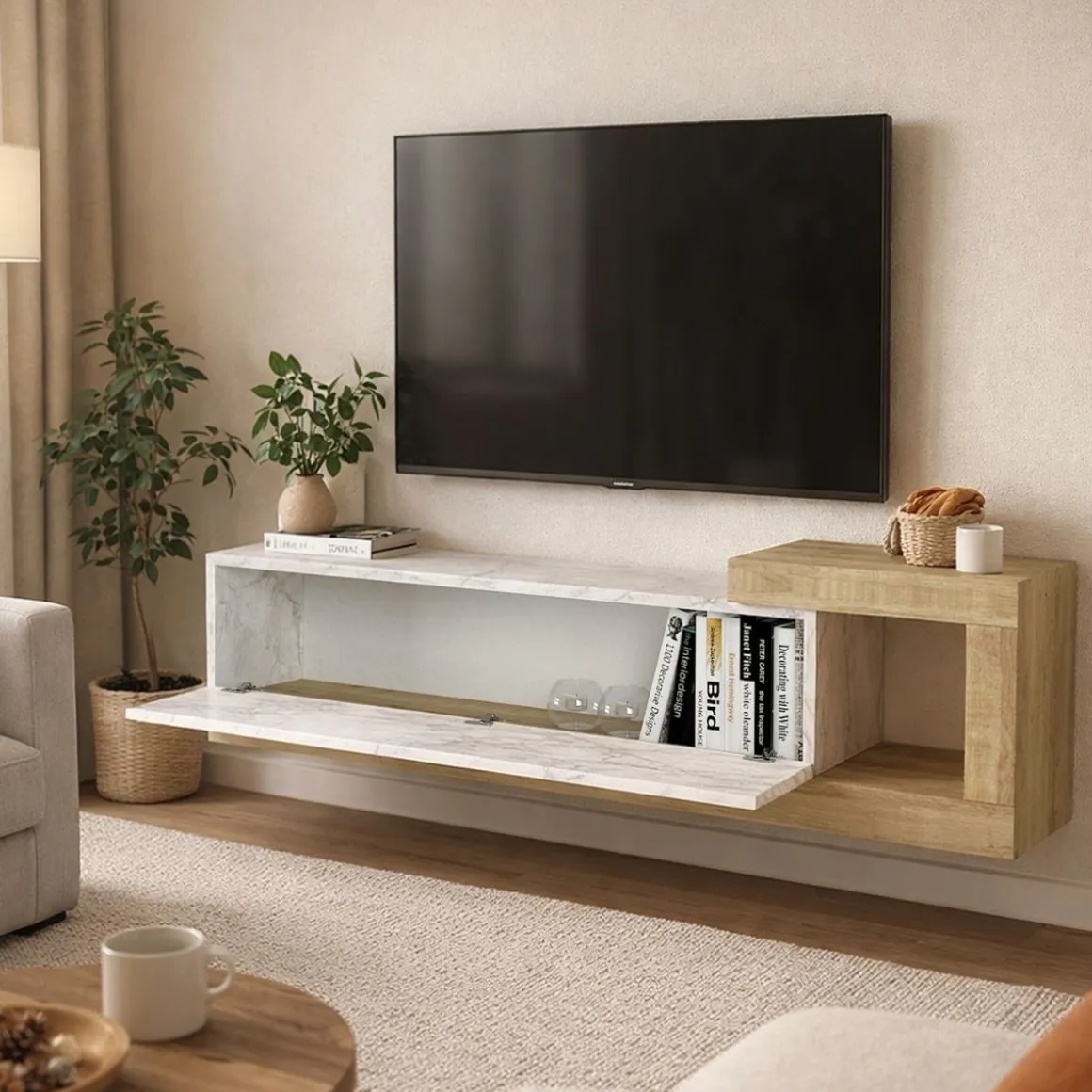 Mueble de TV Volare con puerta abatible efecto mármol gris/natural 38,6x150x29,6 cm