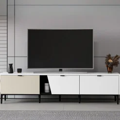 Mueble de TV Yelena 4 cajones con 2 puertas blanco/beige 90x180x45 cm