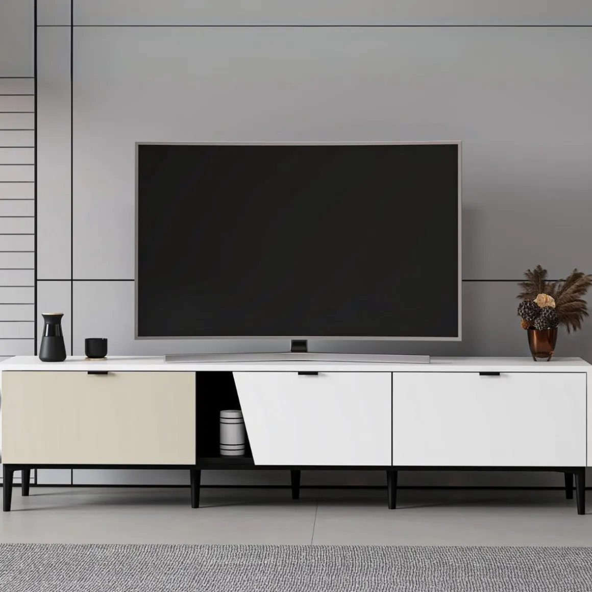 Mueble de TV Yelena 4 cajones con 2 puertas blanco/beige 90x180x45 cm