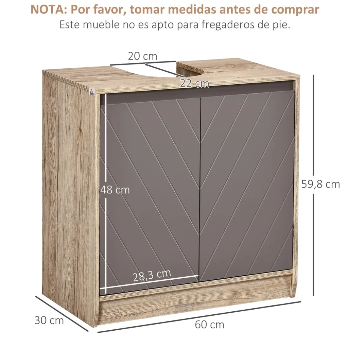 Mueble para lavabo Mole Homcom puerta doble roble/gris 59,8x60x30 cm