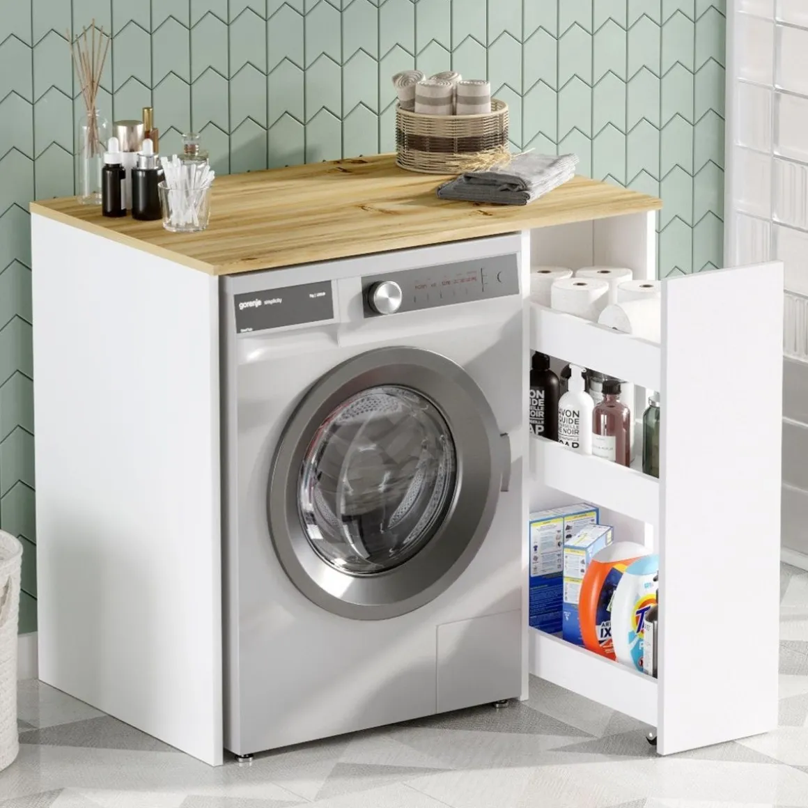 Mueble para lavadora Durango con cajón extraíble blanco/natural 88,3x93,5x60 cm