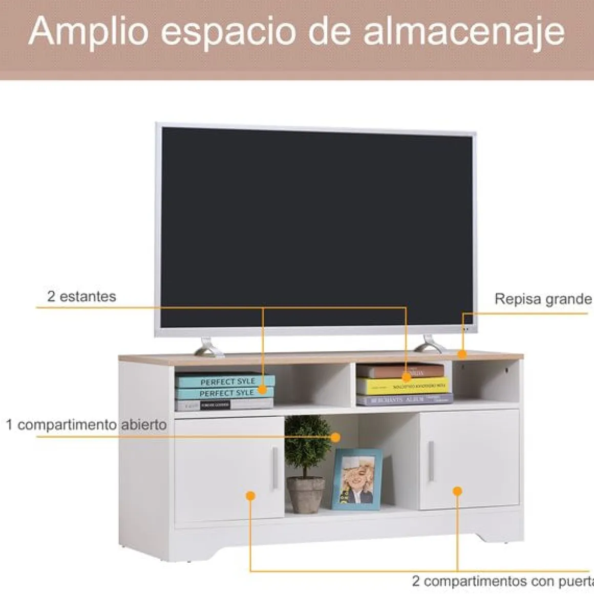 Mueble para TV Homcom 2 estantes+2 armarios+compartimento abierto blanco 52x105x40 cm