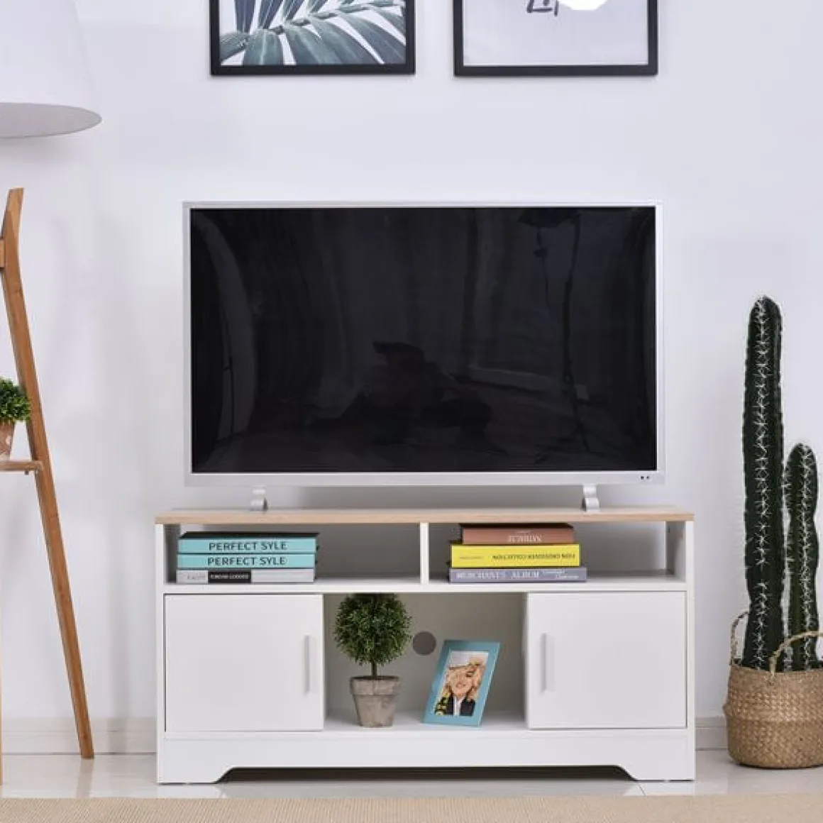 Mueble para TV Homcom 2 estantes+2 armarios+compartimento abierto blanco 52x105x40 cm