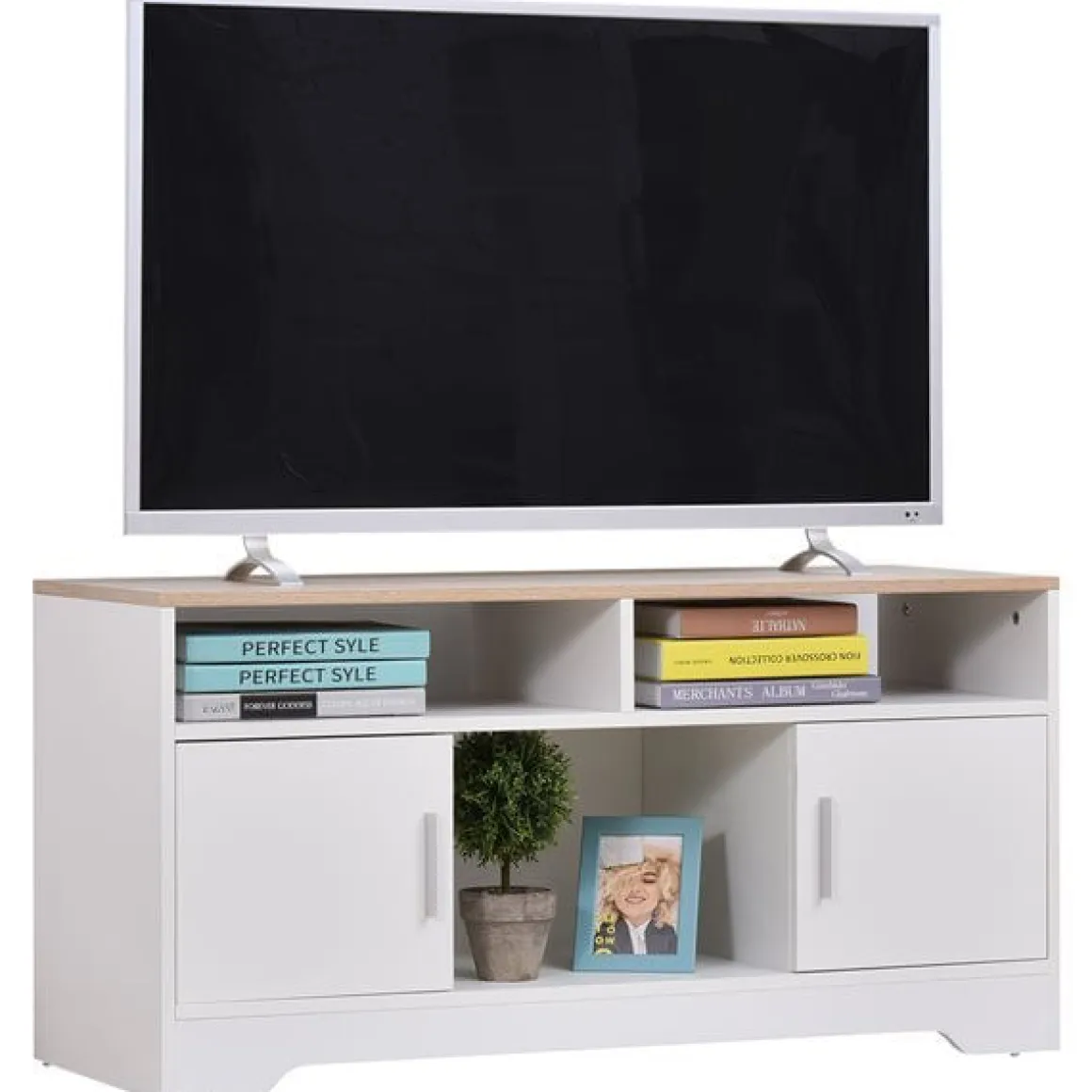 Mueble para TV Homcom 2 estantes+2 armarios+compartimento abierto blanco 52x105x40 cm