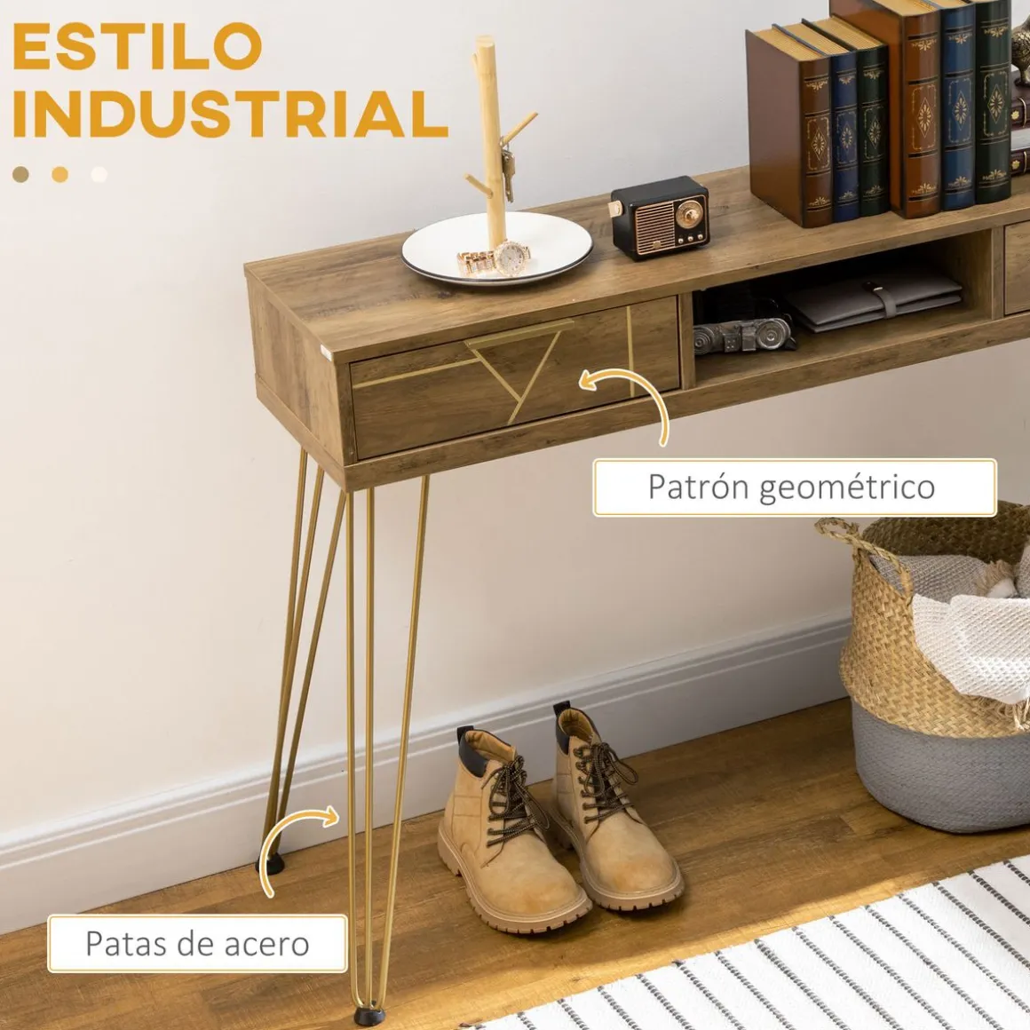 Mueble recibidor Belice Homcom 2 cajones + estante abierto natural 79x120x29 cm