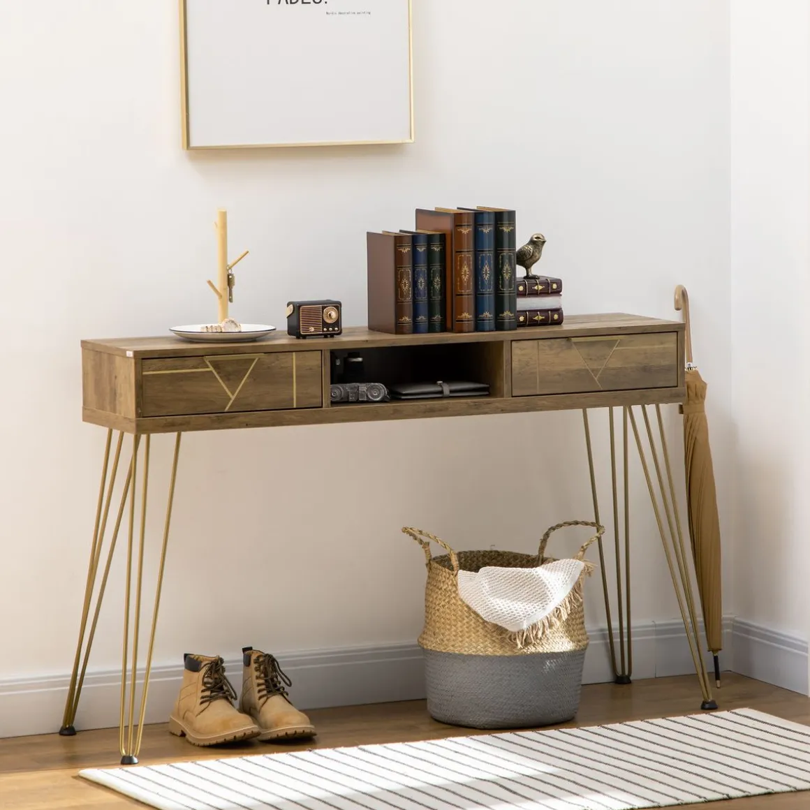 Mueble recibidor Belice Homcom 2 cajones + estante abierto natural 79x120x29 cm