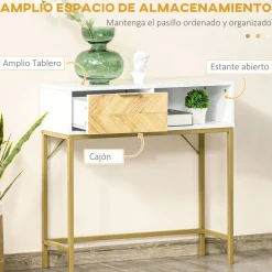 Mueble recibidor Caps Homcom cajón + estante abierto blanco/dorado 80,5x80x30 cm