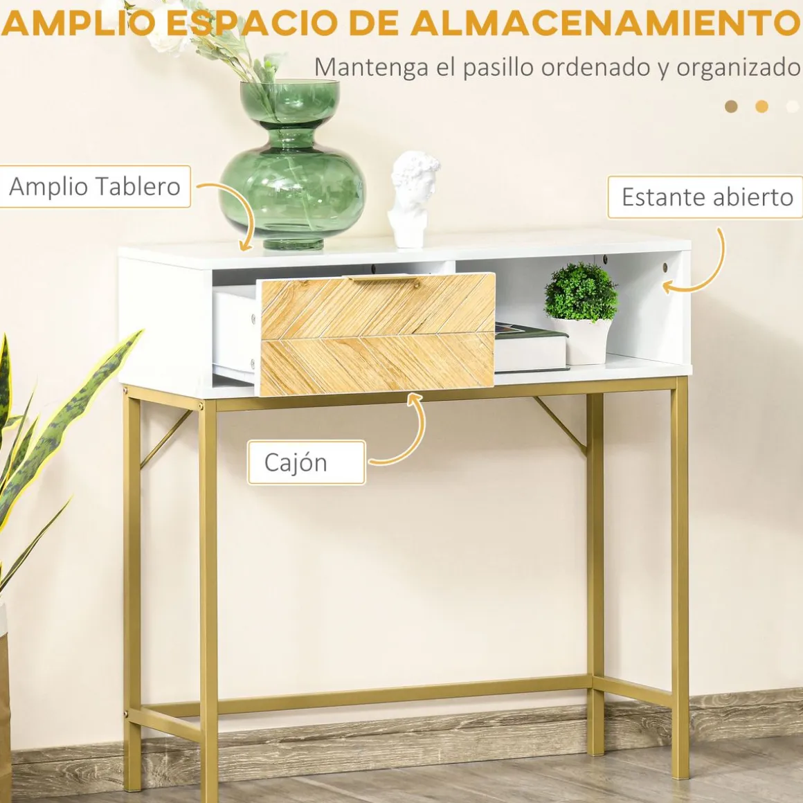 Mueble recibidor Caps Homcom cajón + estante abierto blanco/dorado 80,5x80x30 cm