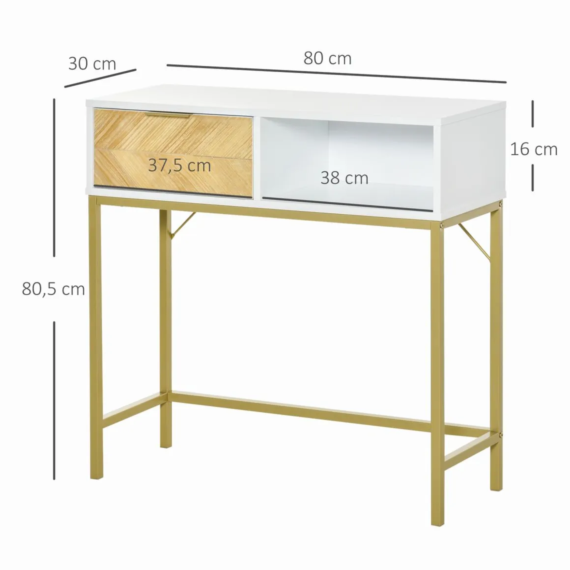 Mueble recibidor Caps Homcom cajón + estante abierto blanco/dorado 80,5x80x30 cm