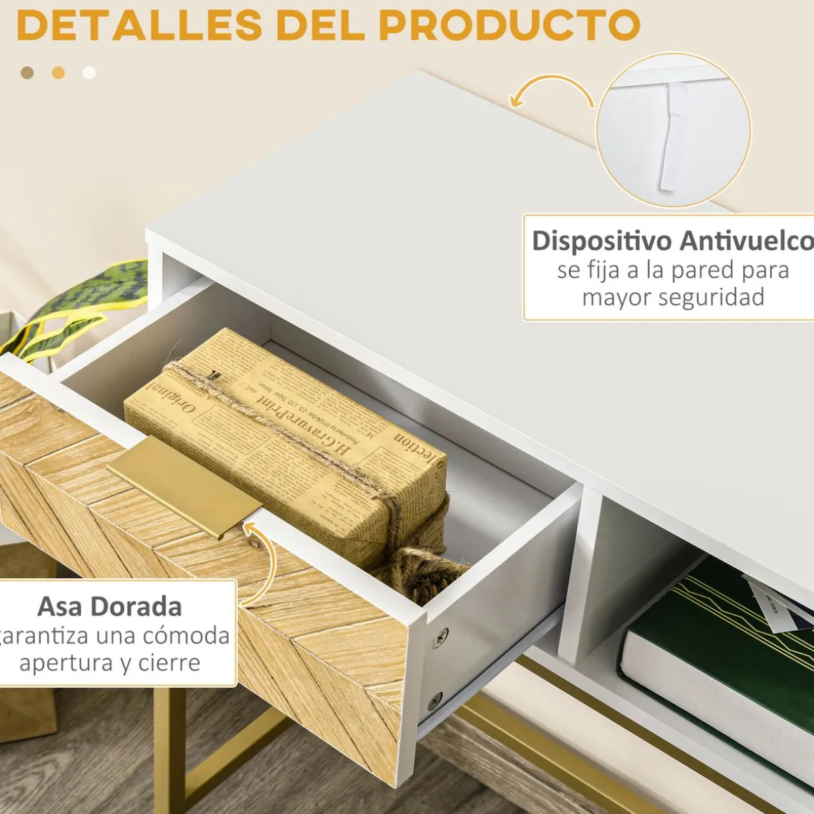 Mueble recibidor Caps Homcom cajón + estante abierto blanco/dorado 80,5x80x30 cm