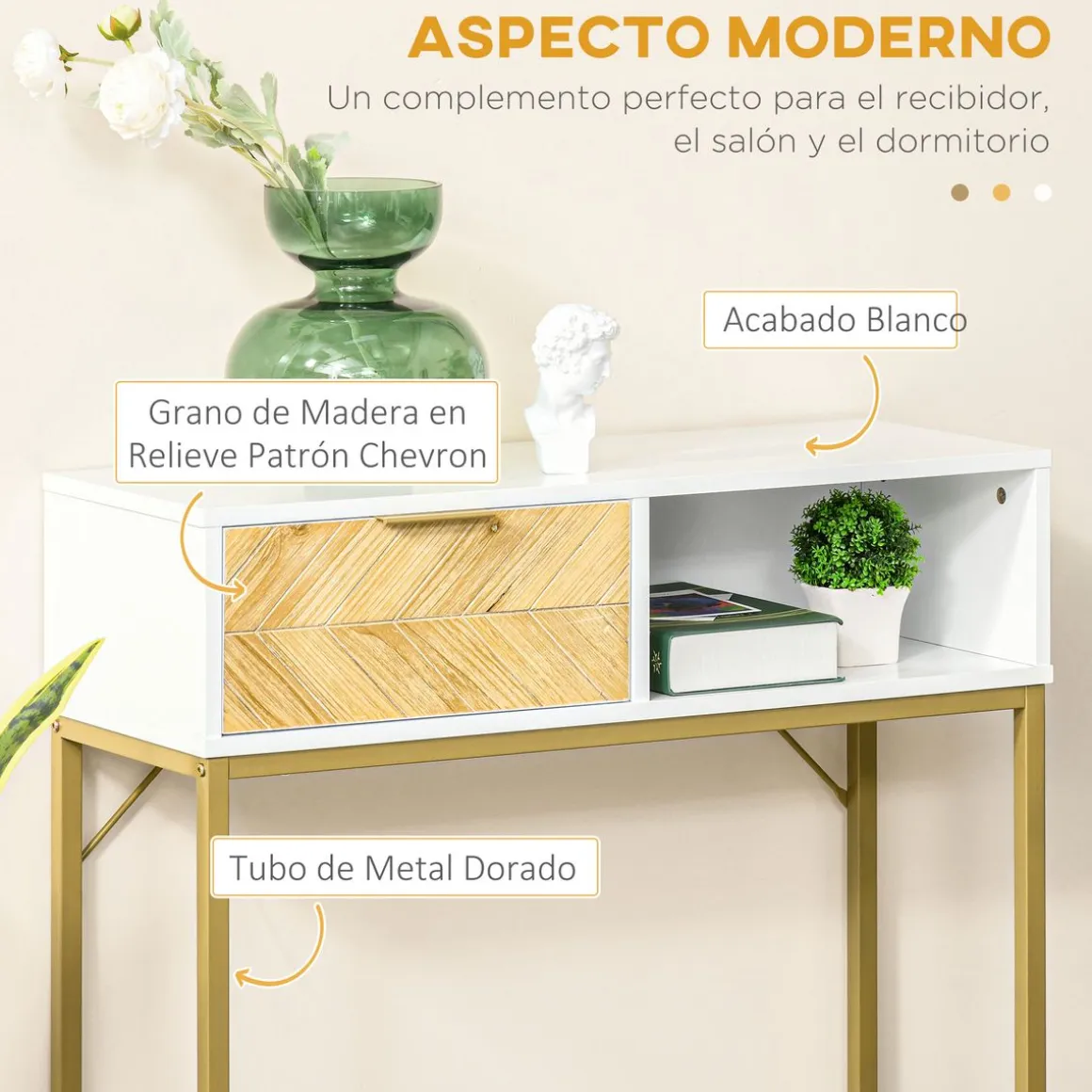 Mueble recibidor Caps Homcom cajón + estante abierto blanco/dorado 80,5x80x30 cm