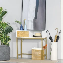 Mueble recibidor Caps Homcom cajón + estante abierto blanco/dorado 80,5x80x30 cm