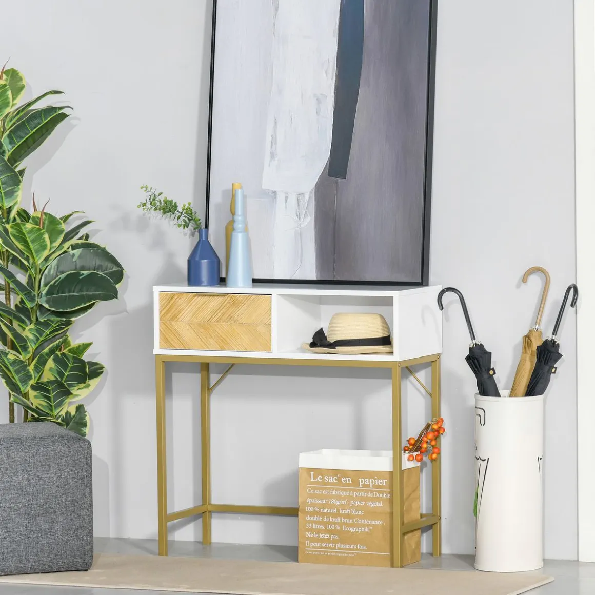 Mueble recibidor Caps Homcom cajón + estante abierto blanco/dorado 80,5x80x30 cm