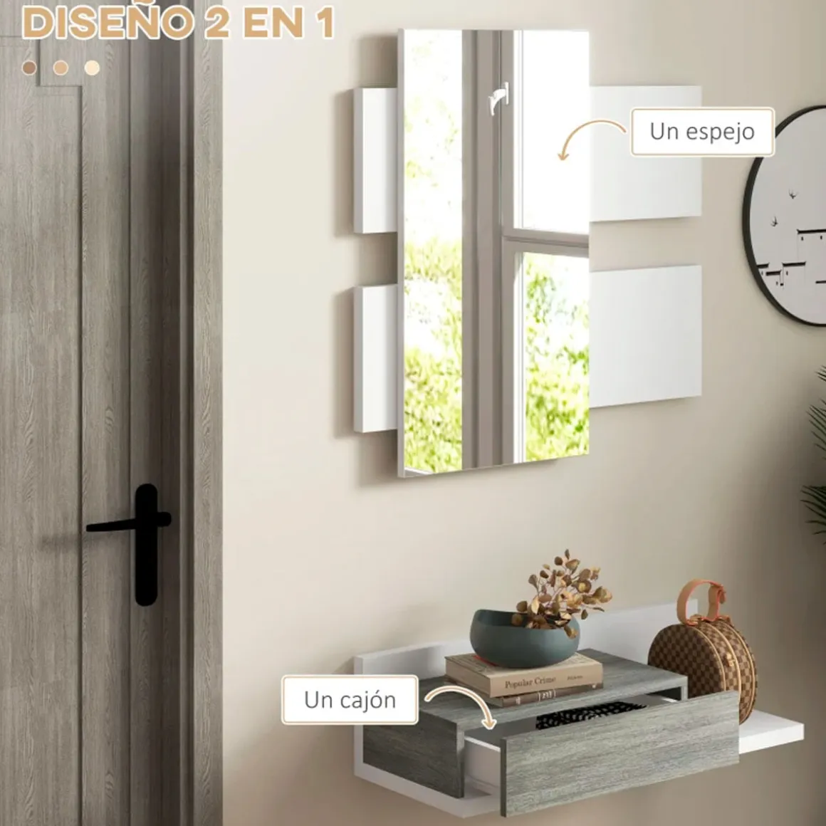 Mueble recibidor con espejo Odda Homcom 1 cajón blanco/gris
