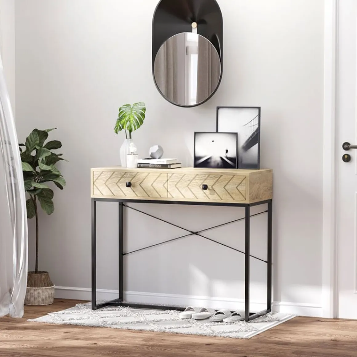 Mueble recibidor Homcom 2 cajones natural/negro 76x90x35 cm
